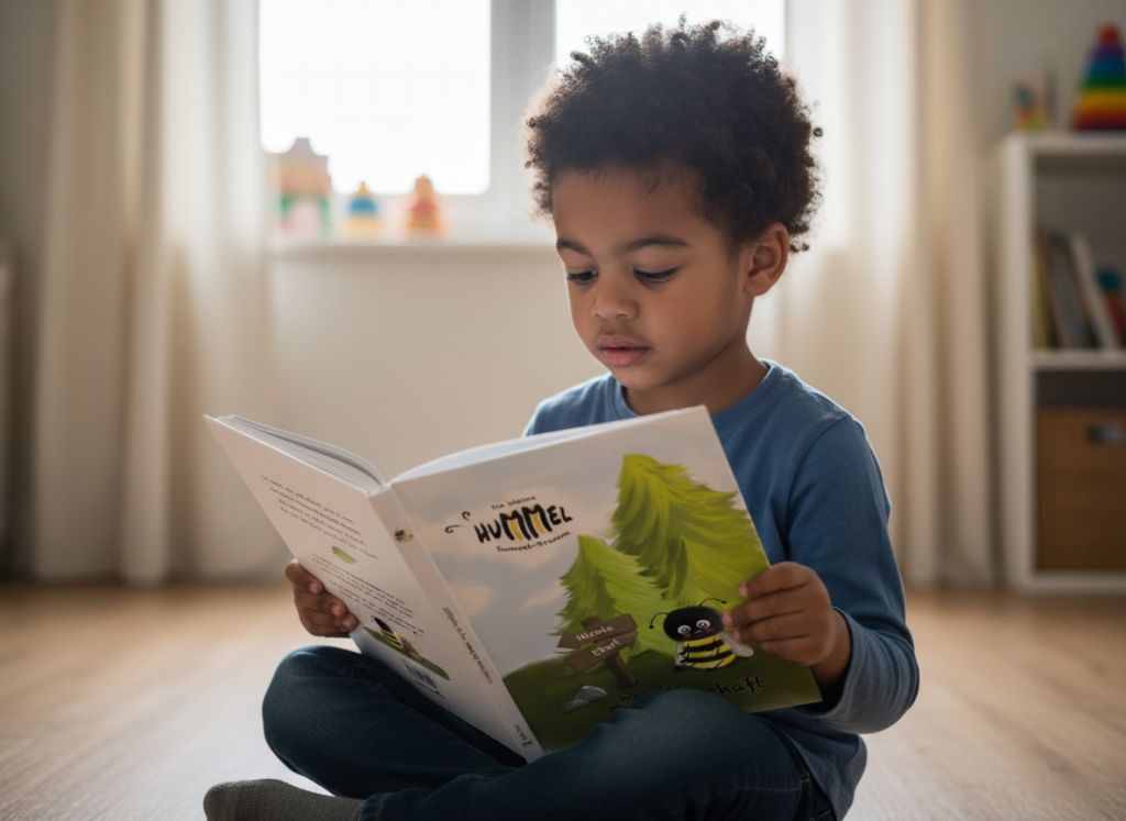 Die kleine Hummel Sumsel-Brumm Junge schaut Buch an